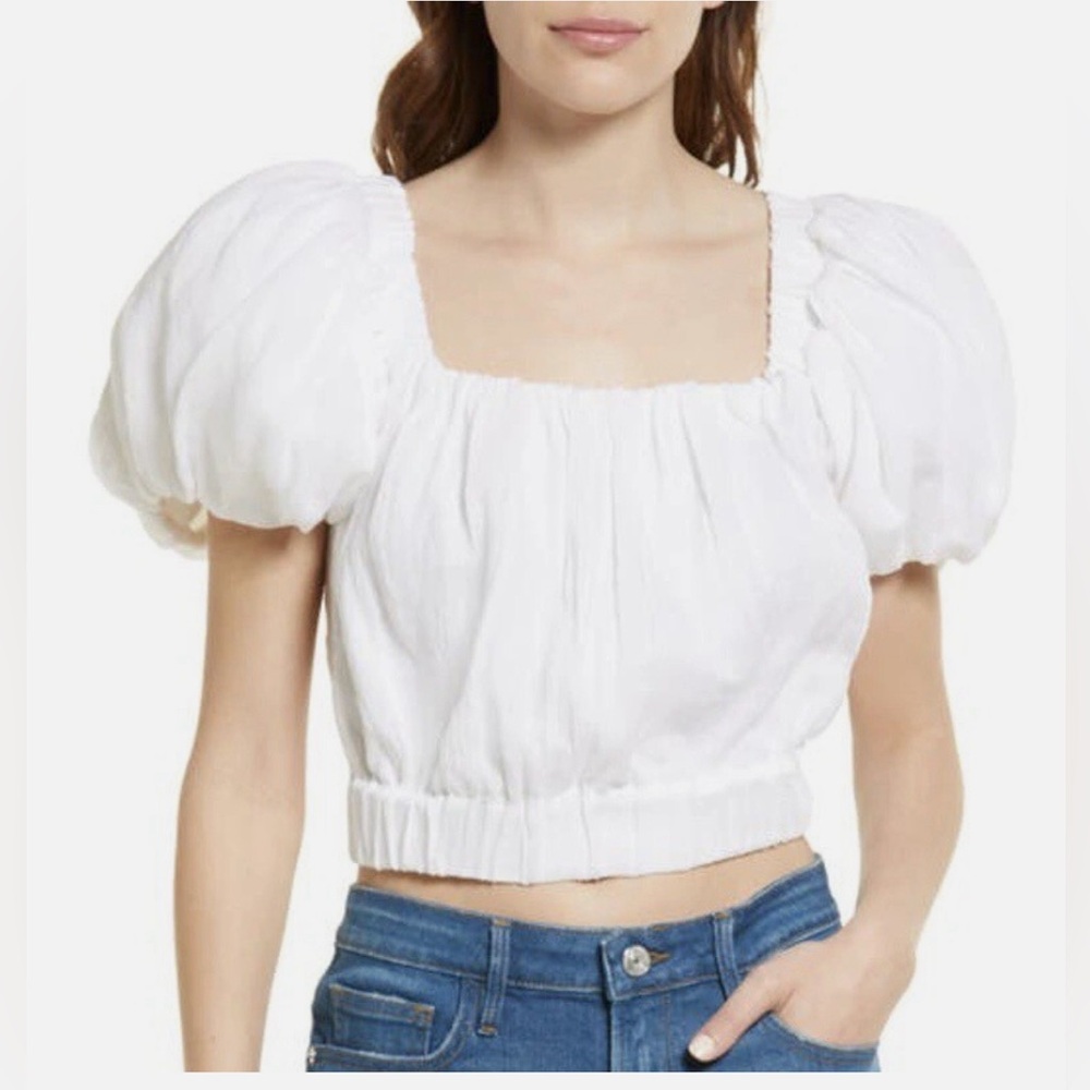 Frame Ruched Crop Puff Sleeve Blouse in Blanc